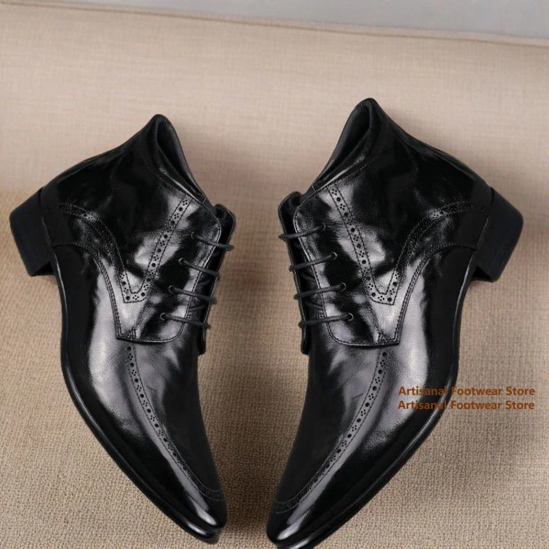 Men's Brogue Ankle Boots Black Leather Side Zipper Lace Up Dress Boots Height Increasing Business Chelsea Boots Men's Boots