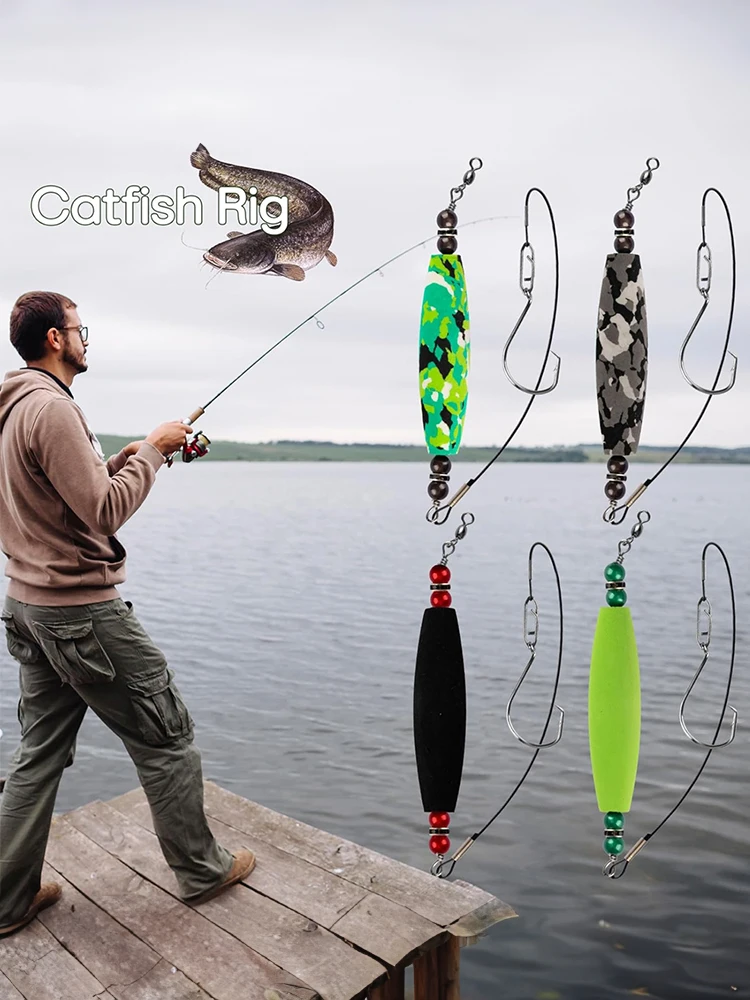 

4pcs Catfish Rig Floats Kit 3 inch EVA Camouflage Peg Floats High-Carbon Sharpened Offset Octopus Circle Hook for Catfishing Rig