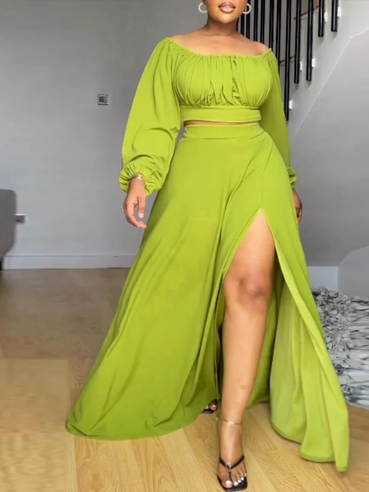 

Wmstar Two Piece Set Women Wholesale Fashion Solid Color Ones Houlder High Waist Slit Wide Skirted Floor Length Sleeveless Dress