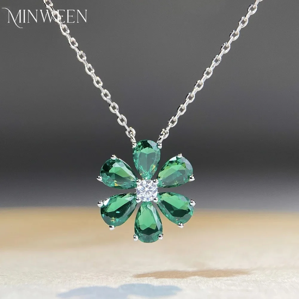 MINWEEN Luxury Lab Emerald  Flower Pendant Necklace With 925 Sterling Silver For Women  Fine Jewelry Wholesale
