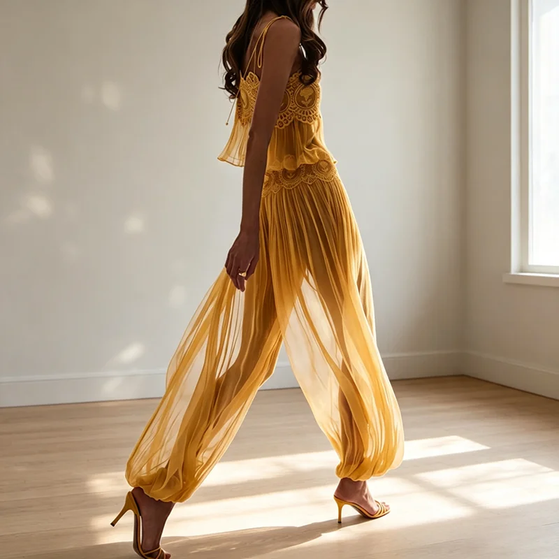 Boho Lace Trim 2 Piece Outfit Spaghetti Strap Crop Top High Waist Harem Pants 2pcs Set Women Summer Solid Beach See Through Suit view 6