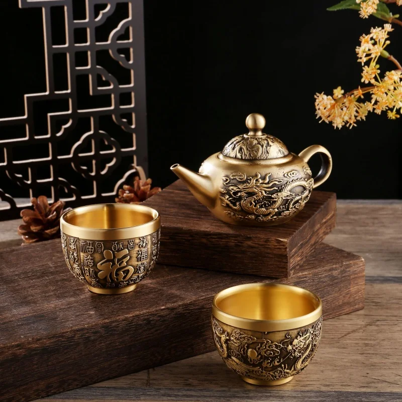 

Copper Pot Brass Double Dragon Pot Crafts Dragon and Phoenix Pot Water Drop Pot Ornaments Little Teapot Home Desktop Decorations