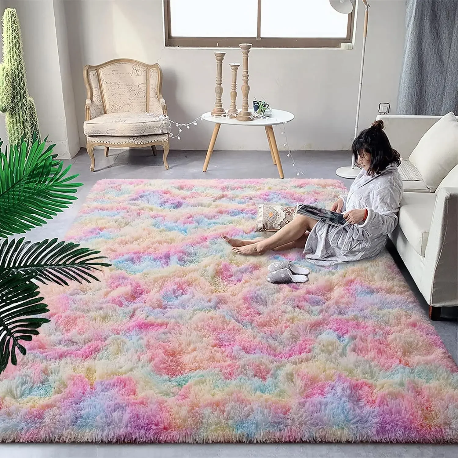 Carpets For Living Room Modern Sofas Rainbow Fluffy Carpet Bedroom Decoration Anti-slip Large Rug Washable Floor Covering Mat