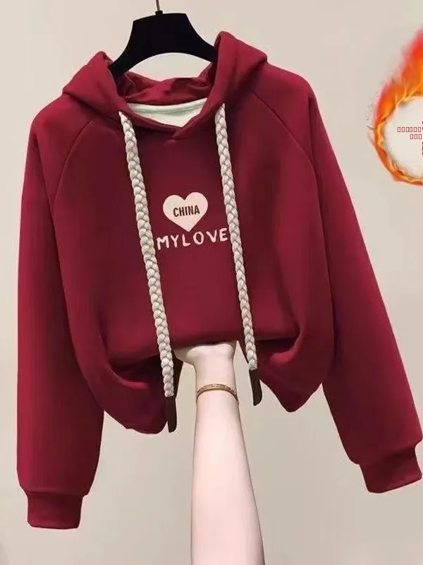 

Thiened Cotton Fce Hooded Sweatirt Silver Velvet Wine Red plus Size Women's Warmth Comfortable Korean Sle Outerwear