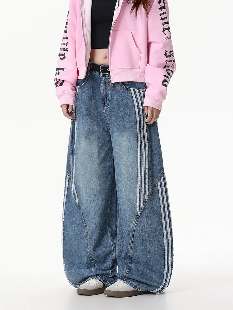 American Retro Deconstructed Three Bars Knife  Jeans Women's New Large Size Fat MM Slim Striped Patchwork Wide Leg Pants