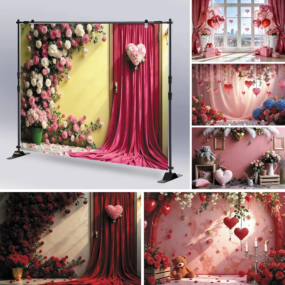 

Valentine's Day Backdrop for Photography Romantic Floral Wall Red Roses Heart Shape Balloons Wedding Birthday Party Background