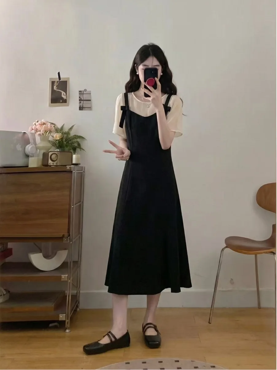 

plus Size Summer Fashion Hepburn Style Dress Women's Clothing Meat Covering Luxury Slimming Apperance Fake Two-Piece Dress