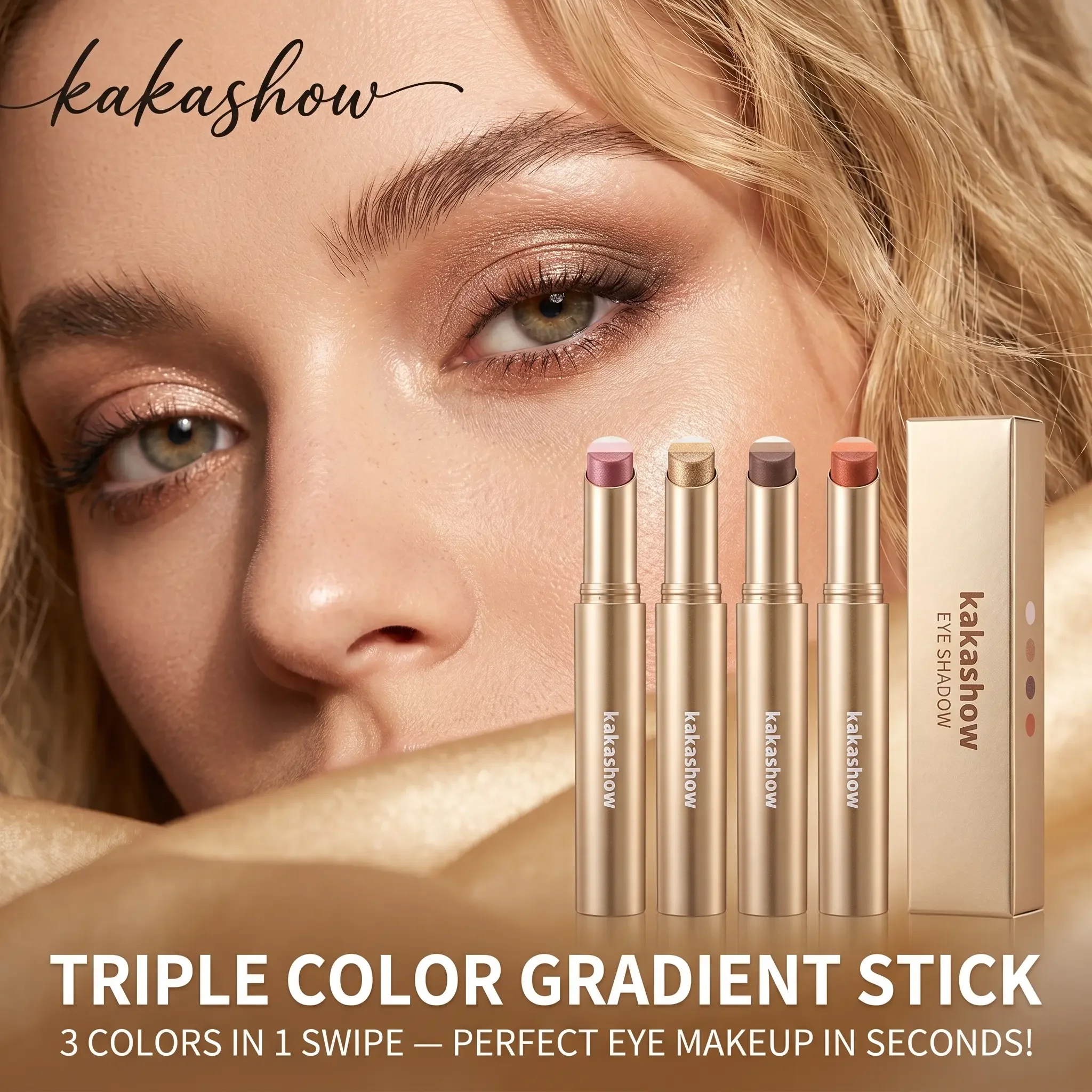 Kakashow 3 Color Eyeshadow Stick Smooth Texture No Fallout Waterproof Sweatproof Shimmery Brighten Eyes for Daily Dating Makeup