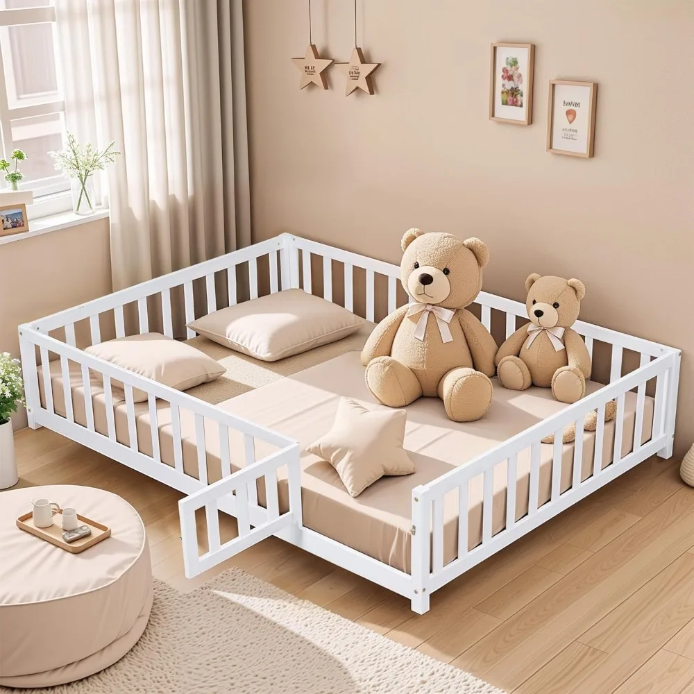 Full Size Floor Platform Bed with Fence and Door for Kids, Floor Bed Frame with Support Slats for Toddlers, Wooden Floor Beds