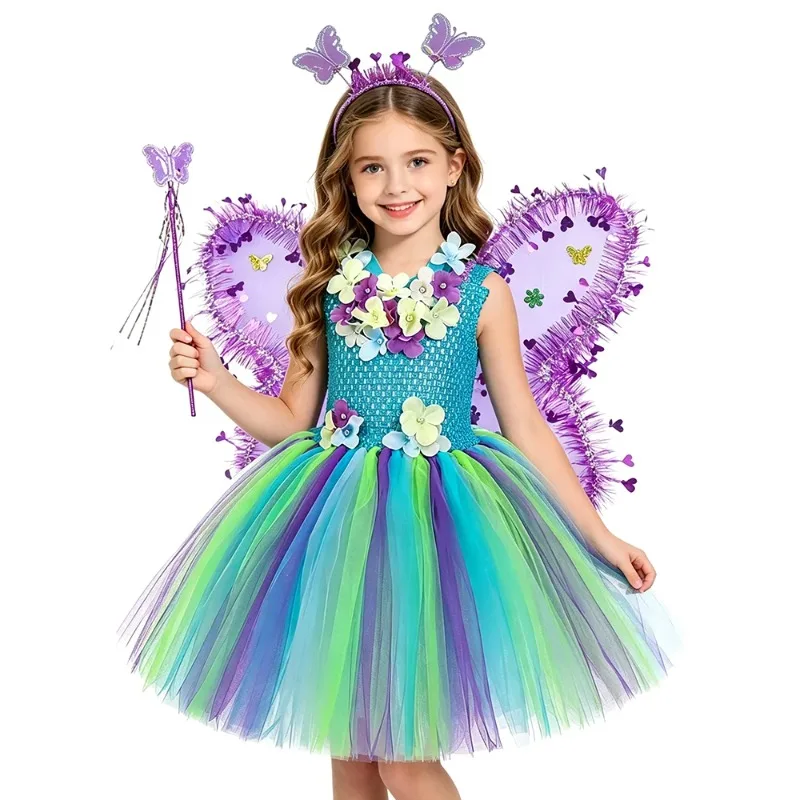 Princess-style Kids Outfit with Butterfly Wings,Exquisite Girls' Jungle-themed Tulle Dress, Halloween Party & Stage Costume Set