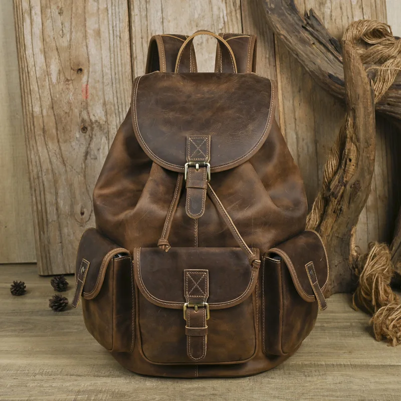 

LD-British retro leather backpack, unisex travel bag, casual and fashionable, large capacity 14 inch computer backpack