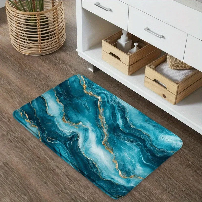 VIKAMA Luxury Teal Marble Bath Mat With Gold Accent, Non-Slip Absorbent Bathroom Rug, Modern Home Decor Floor Mat