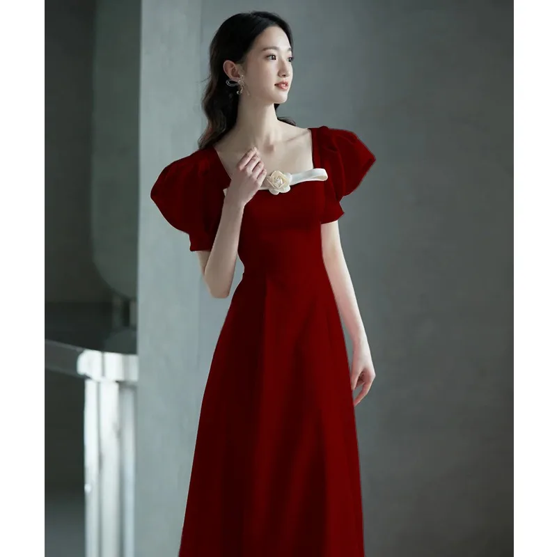 

New Chinese Red Evening Dress 2025 New Square Collar and Short Sleeve A-line Zipper Back Formal Women Elegant Party Dresses