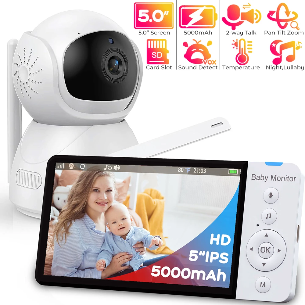 5 Inch Baby Monitor IPS Screen 5000mAh Battery Baby Phone PTZ Baby Camera Two-way Audio Nanny Video SD Card Slot,Night Vision