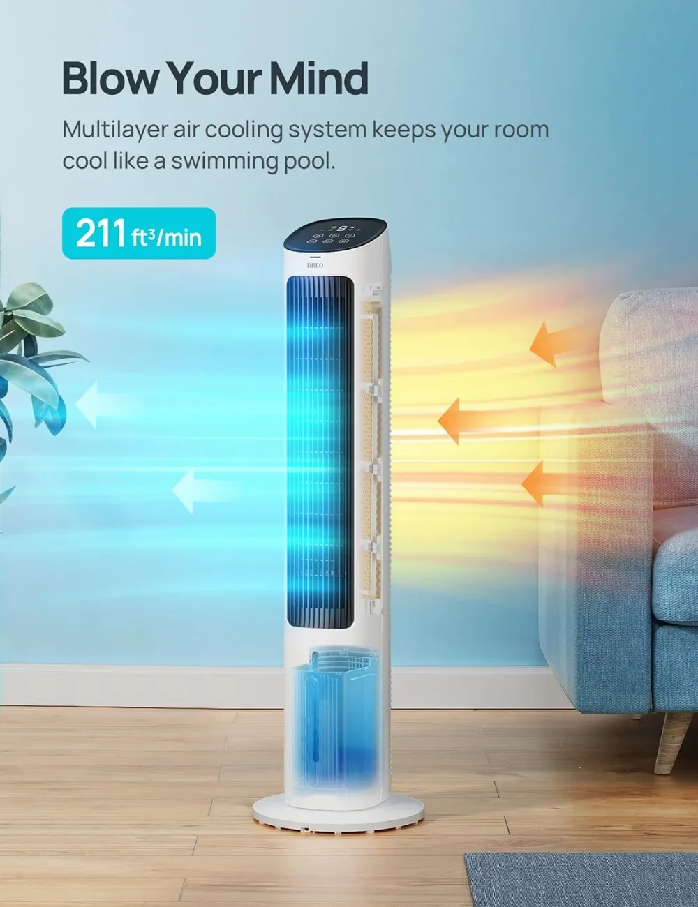 Cooling Fans, Evaporative Air Cooler, Tower Fan for Bedroom with 80° Oscillating, Remote Control,3 Modes 4-Speed Quiet Floor Fan