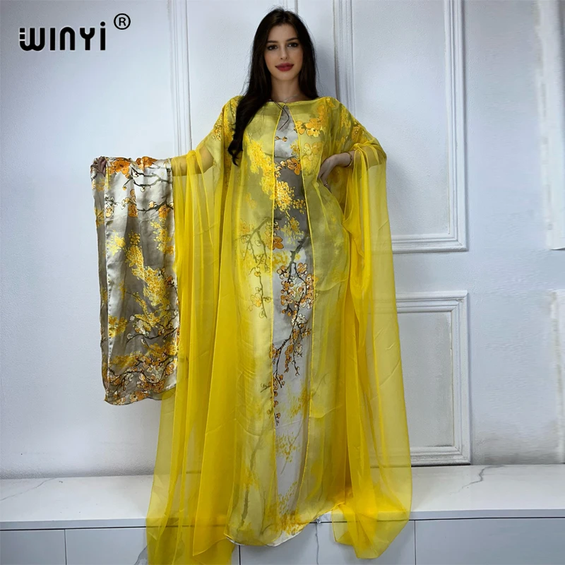 

WINYI summer Double-layer printed party dress Women Print Female kaftan abaya dubai luxury maxi long down dress with belt