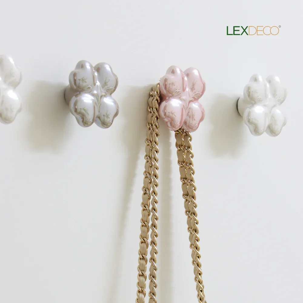 

2 pack LEXDECO Clover Ceramic Wall Hooks - Lucky Charm Design, 3 Colors (Pink/Gray/White)