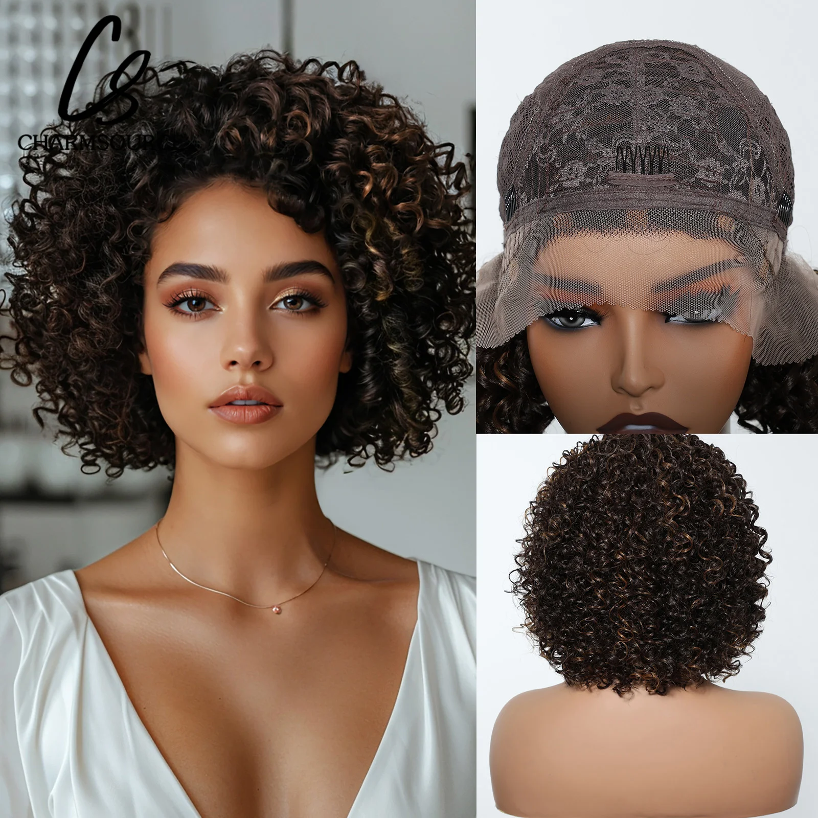 

CharmSource 13x1 Short Lace Synthetic Wigs Curly Dark Brown Highlight Wig Baby Hair for Black Women Natural High Density 12inch