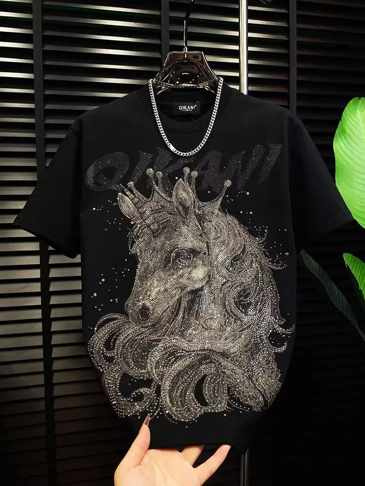 2026 Summer New Men's Unicorn Rhinestone Loose Casual Versatile White Black Red Round Neck Short-sleeve T-shirt