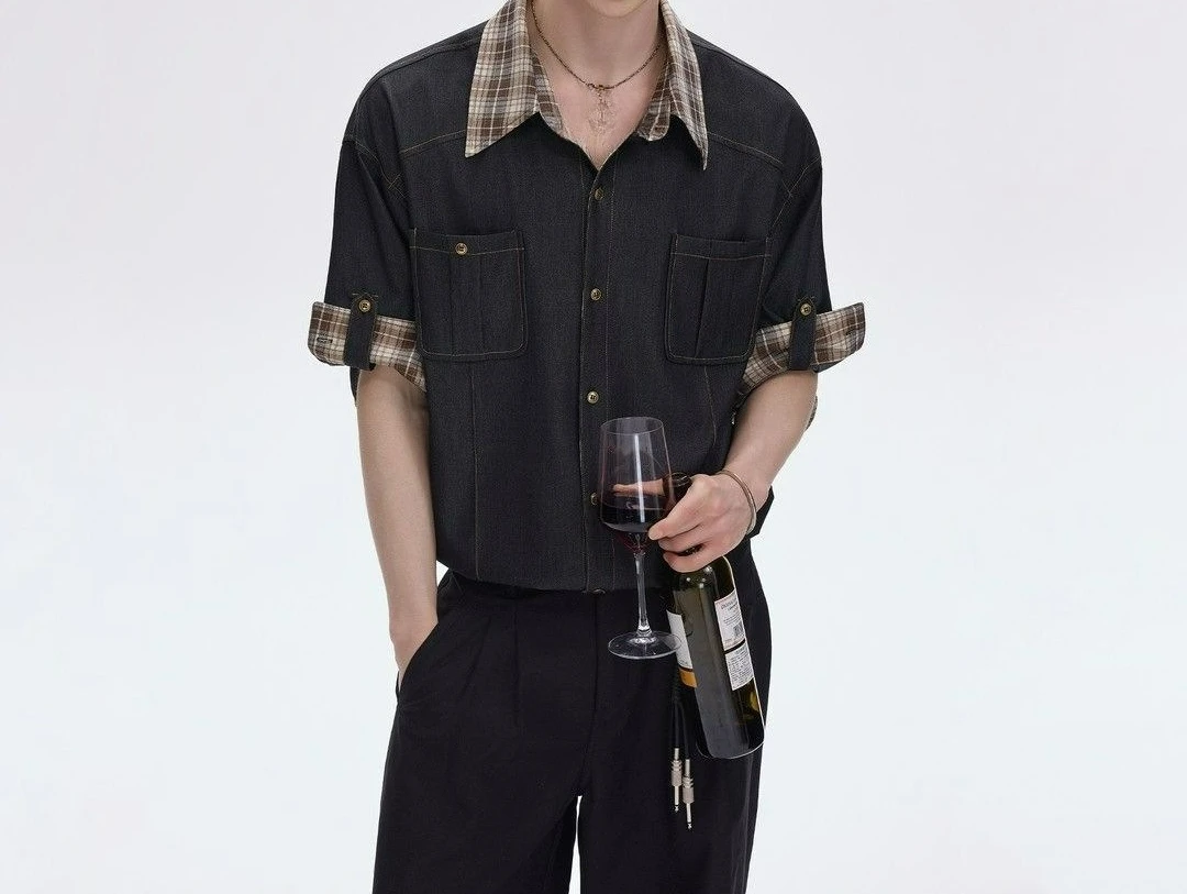 Fake Two-piece Plaid Splicing Short-sleeved Retro Summer Shirt 2026 Men's New Loose Casual