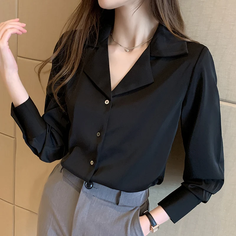 Suit Collar Women Shirt Long Sleeve Solid Chiffon 2025 Spring Commuting Style White Black Single Breasted Shirt Women Tops D330