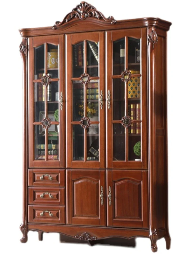 American black walnut bookcase all solid wood simple retro combination custom bookcase European study log glass wine cabinet