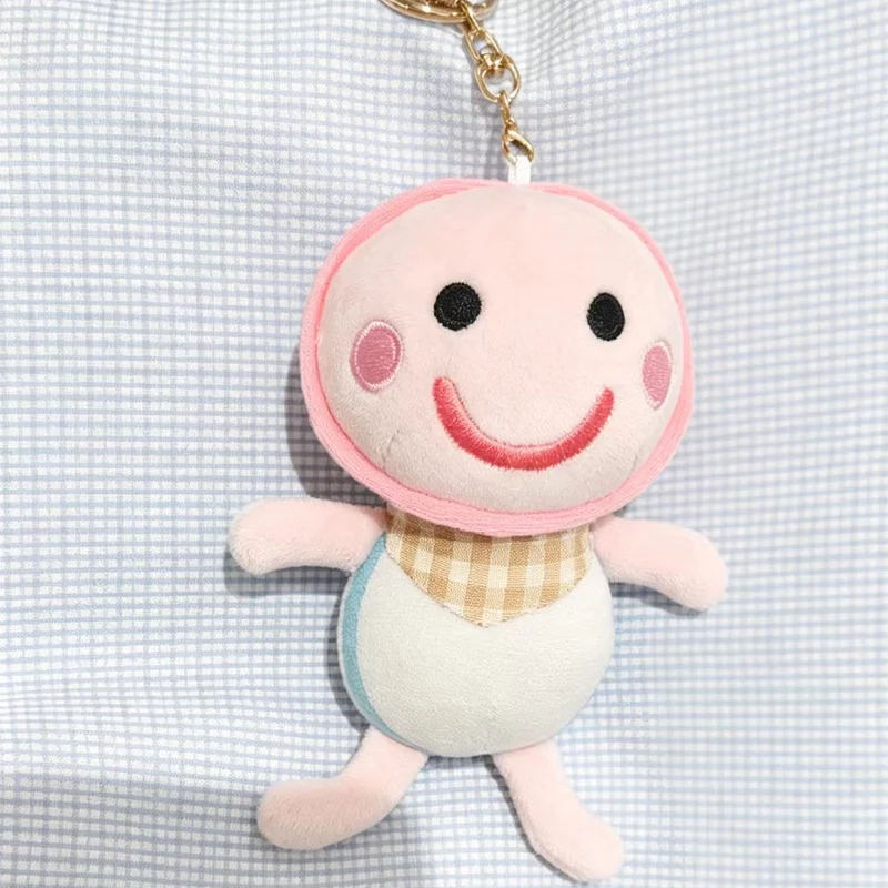 Round Figure Plush Keychain Pink Blue Soft Doll with Checked Bib Embroidered Face plus Gift Box for Bag Decoration Collection
