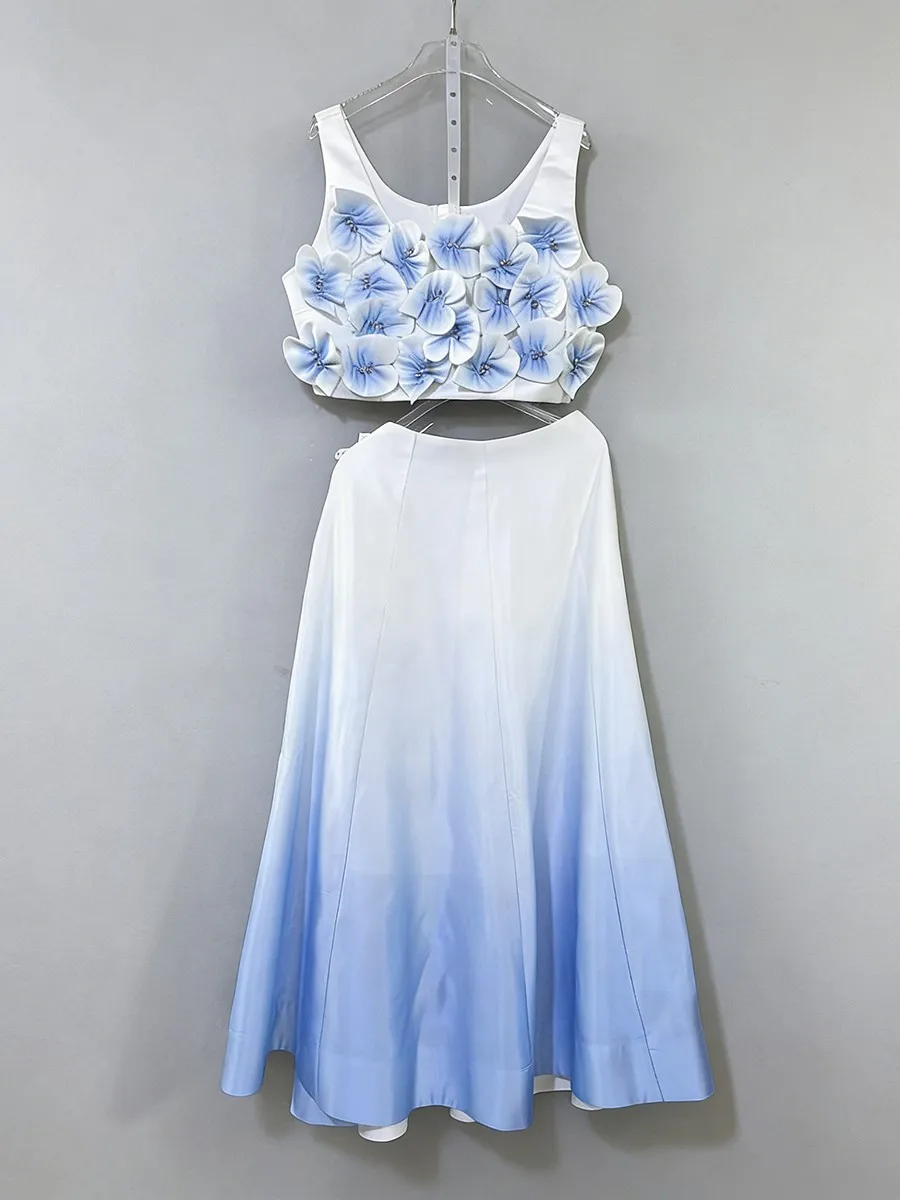 Twotwinstyle hit color moda conjuntos de duas peças para mulheres pescoço quadrado sem mangas emendado flor 3d topo saia de cintura alta conjunto feminino