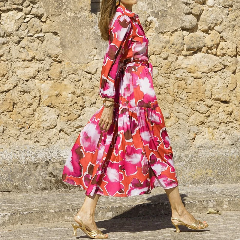 Autumn Turn-down Collar Women Bohemian Shirt Dress Single Breasted Button Long Female Print A-Line Casual Sundress image 3