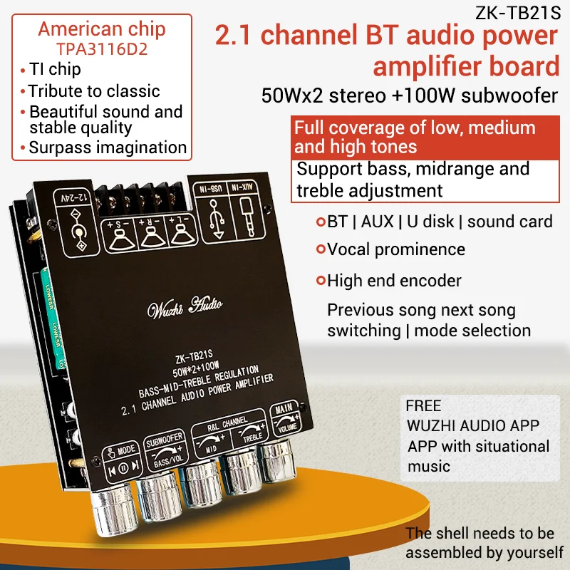 ZK-TB21S 2.1 Channel Bluetooth Audio Amplifier Board Module, Subwoofer, Midrange, Treble TPA3116