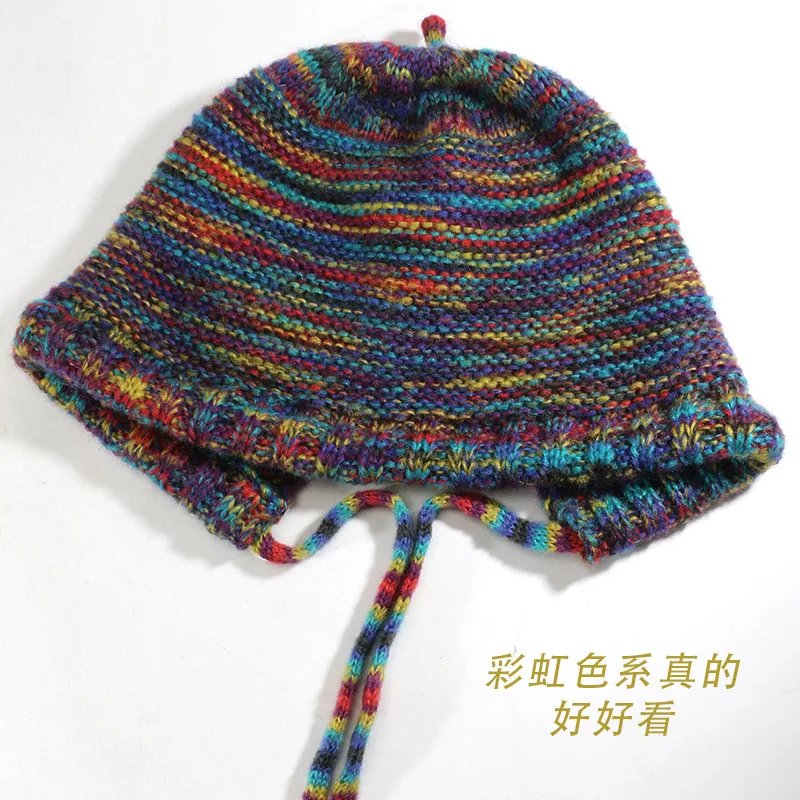 Korean Autumn and Winter Women Rainbow Contrasting Color Knitted Hat Trend Lace-up Thermal Ear Protector Head Skull Beanie Hats