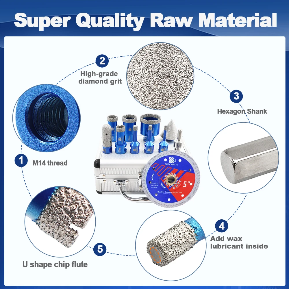BRSCHNITT Kit de brocas de perfuração de diamante Cortador de azulejos para perfuração de cerâmica, mármore, granito, serra de broca, disco de corte