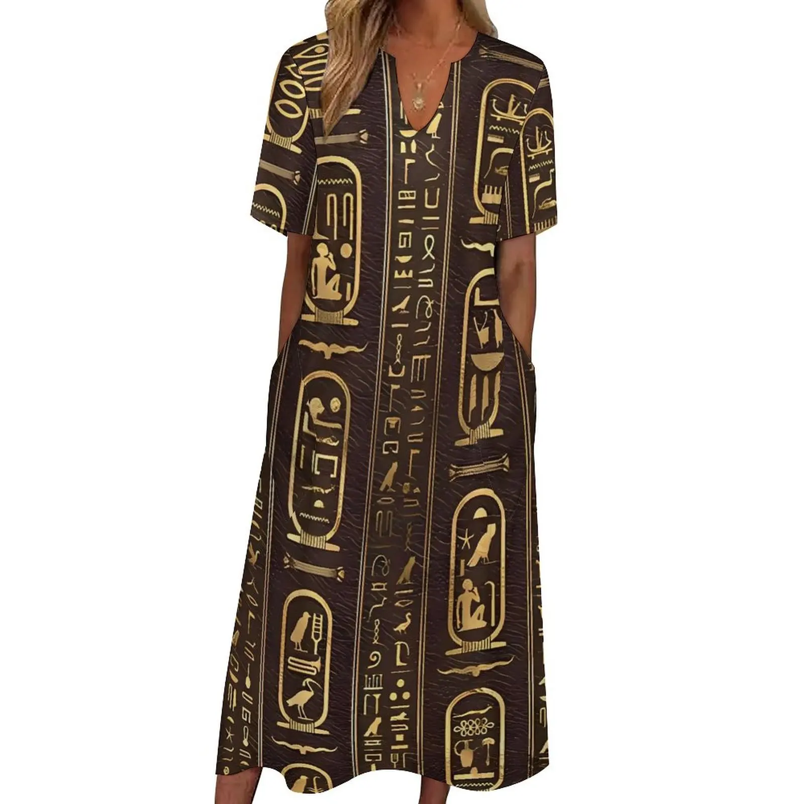 Ancient Egyptian Art Gold Dress Summer  Aesthetic Casual Long Dresses Woman Design Vintage Maxi Dress Big Size 5XL