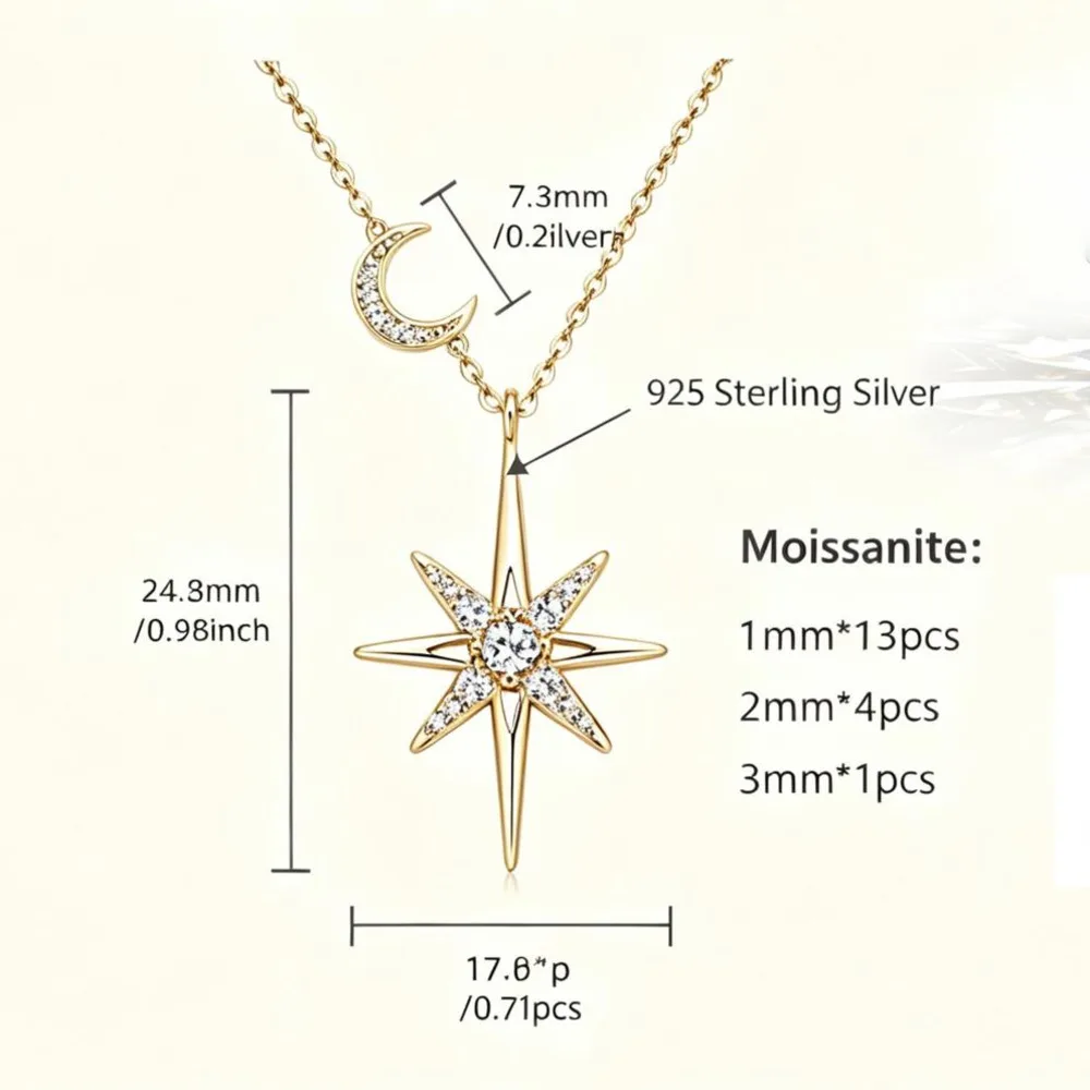 S925 Sterling Silver Star and Moon Pendant Necklace D VVS1 Moissanite Paved Celestial Stackable Fine Jewelry For Women