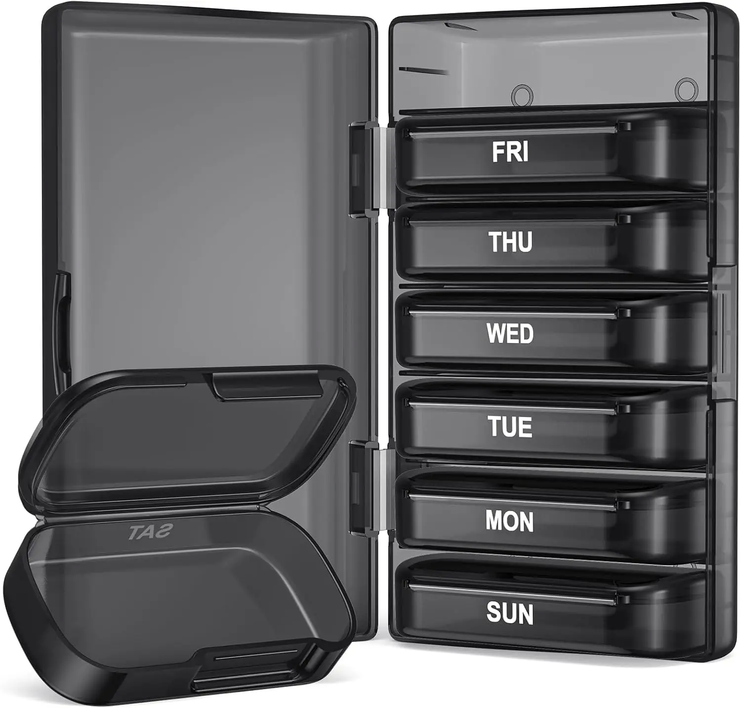 

Weekly Pill Organizer 7 Day, Large Capacity, Easy Open Lids, Travel Medicine Case, BPA-Free, Black