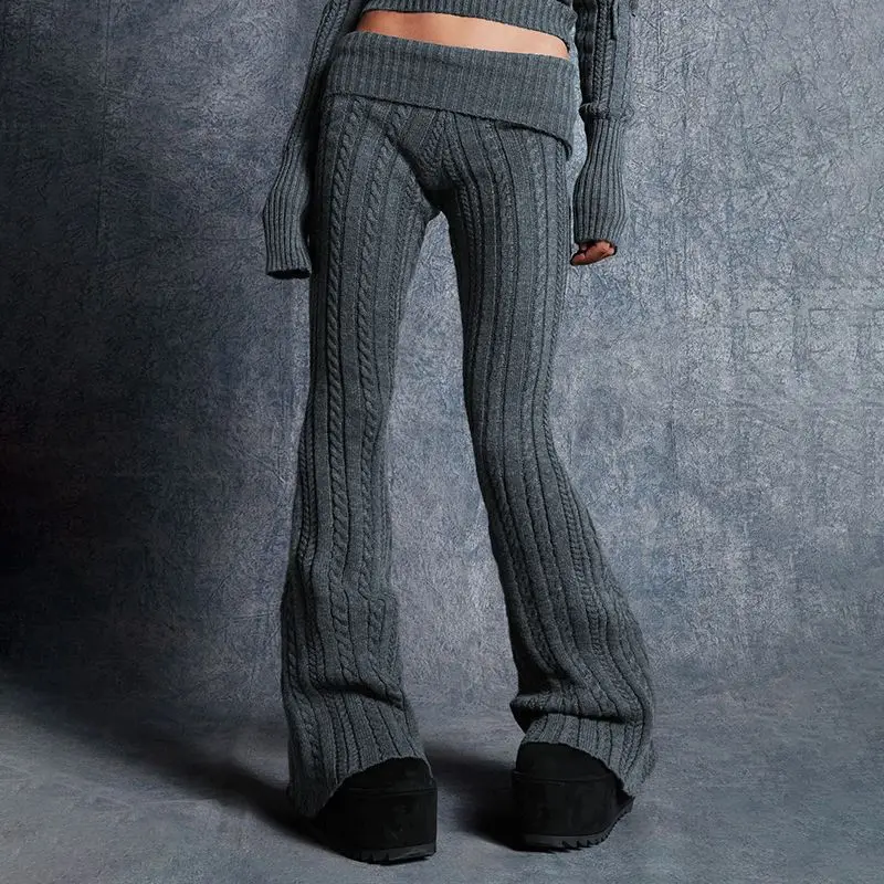 

Американские модные вязаные брюки с низкой талией на осень и зиму. Простые и облегающие брюки, облегающие бедра и слегка расклешенные брюки.