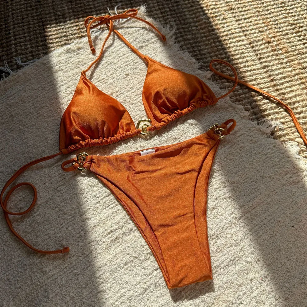 

NEW 2026 Bathing Suit Bikinis SetSolid Orange Swimwear Metal Ring String Halter Triangle Micro Bikini Thong Sexy Swimsuit Women