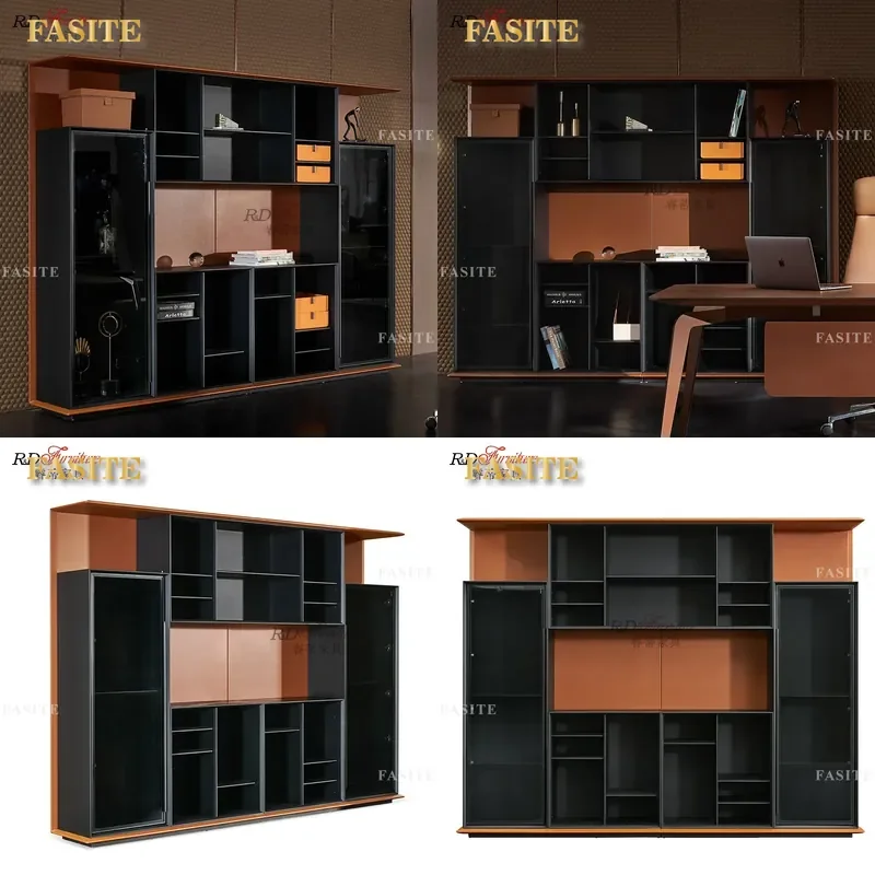 For Modern Simple Leather Art File Cabinet Office Floor Storage Locker Living Room Wine Glass Display Cabinet Background