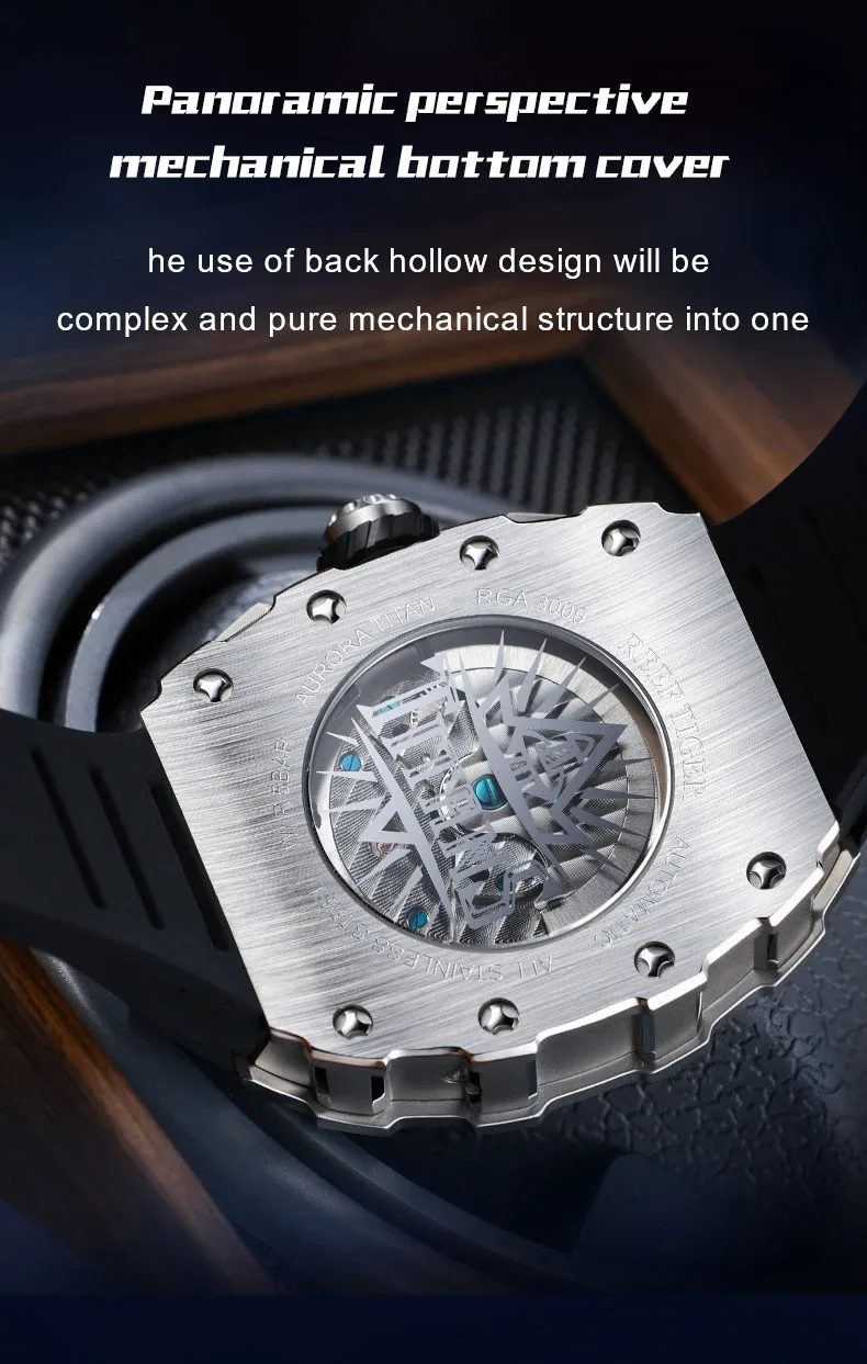 Reef Tiger Orologio automatico da uomo 42,5 mm Cassa tonneau Orologio da polso meccanico Scheletro luminoso Multi-quadrante Mese Settimana Data