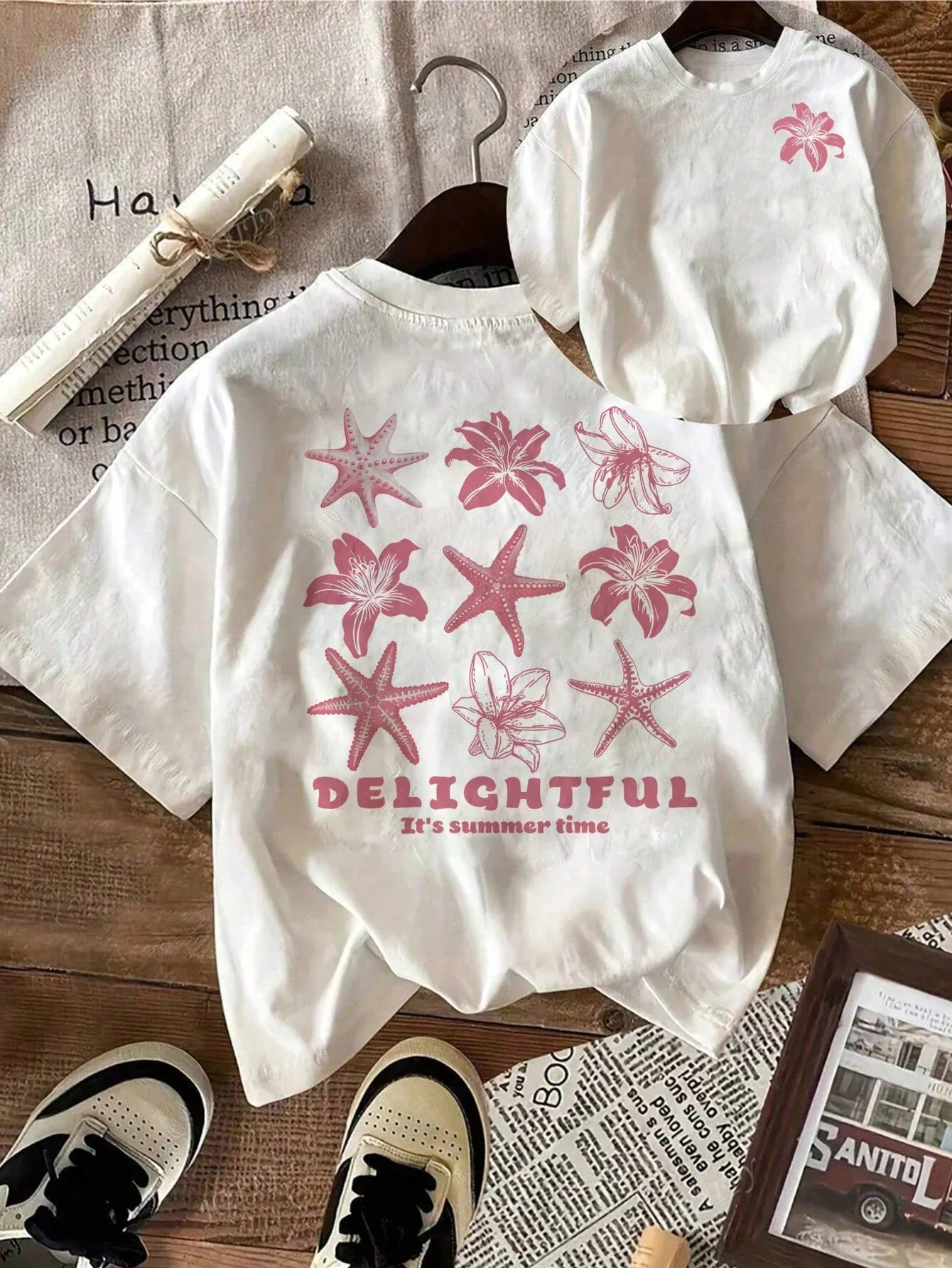 Flower Starfish Letter Design Pattern Round Neck Suitable For Surfing Beach T-shirt Summer Spring Women Short Sleeves