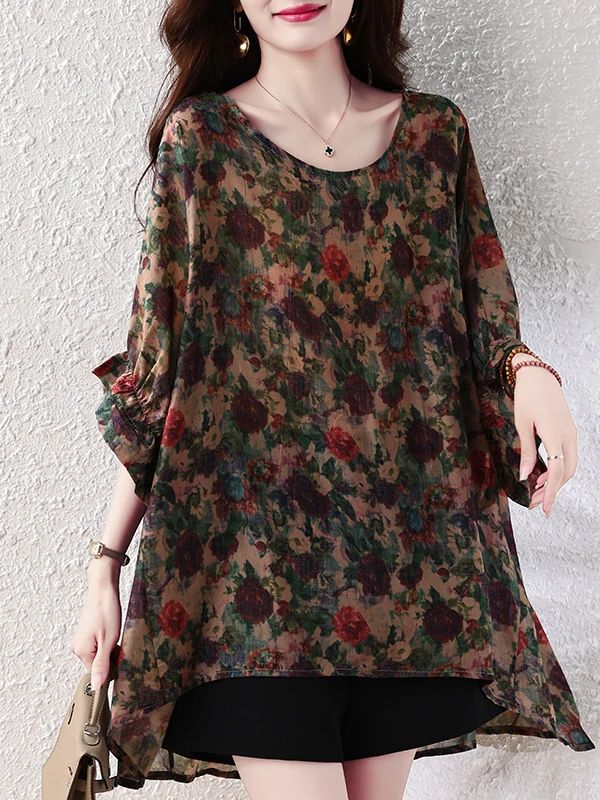 

Summer New Fashion Loose Slimming T-Shirt Women's Printed Casual Style Polyester Fabric Belly Covering Top for Younger Look