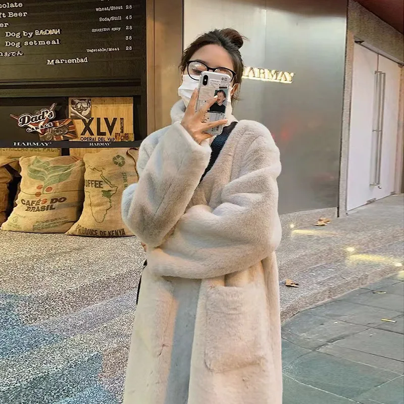 Shearling Faux Fur Mid-Long Mink Velvet Warm Stand Collar Fuzzy Women's Coat