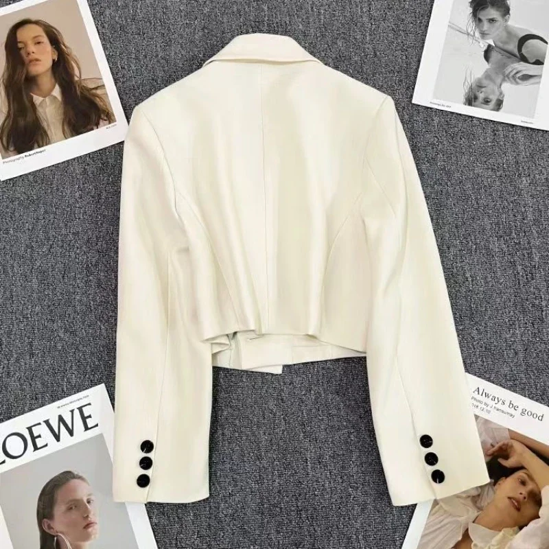 Blazer corto de manga larga para mujer, Chaqueta corta coreana con un solo botón, color blanco, a la moda, para primavera y otoño