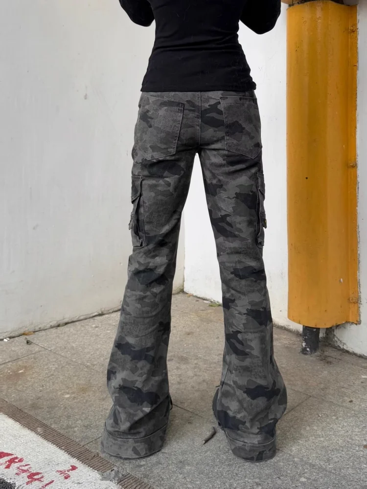 2025 Cyber Y2K Streetwear Camouflage Slim Flare Cargo Jeans Broek Voor Vrouwen Kleding Multi Zakken Dame Lange Broek Ropa Mujer