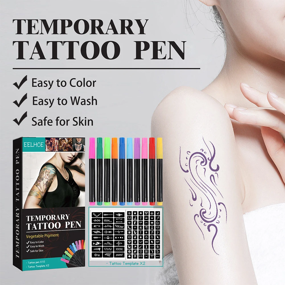 Temporary Tattoo Ink with Tattoo Stencils Body Mark Skin Friendly 10-Count Pack of Assorted Colors for Body Art Painting Drawing