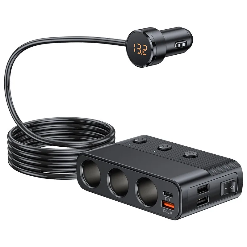 One-to-three vehicle multi-function USB3.0 and PD interface 128W car charger