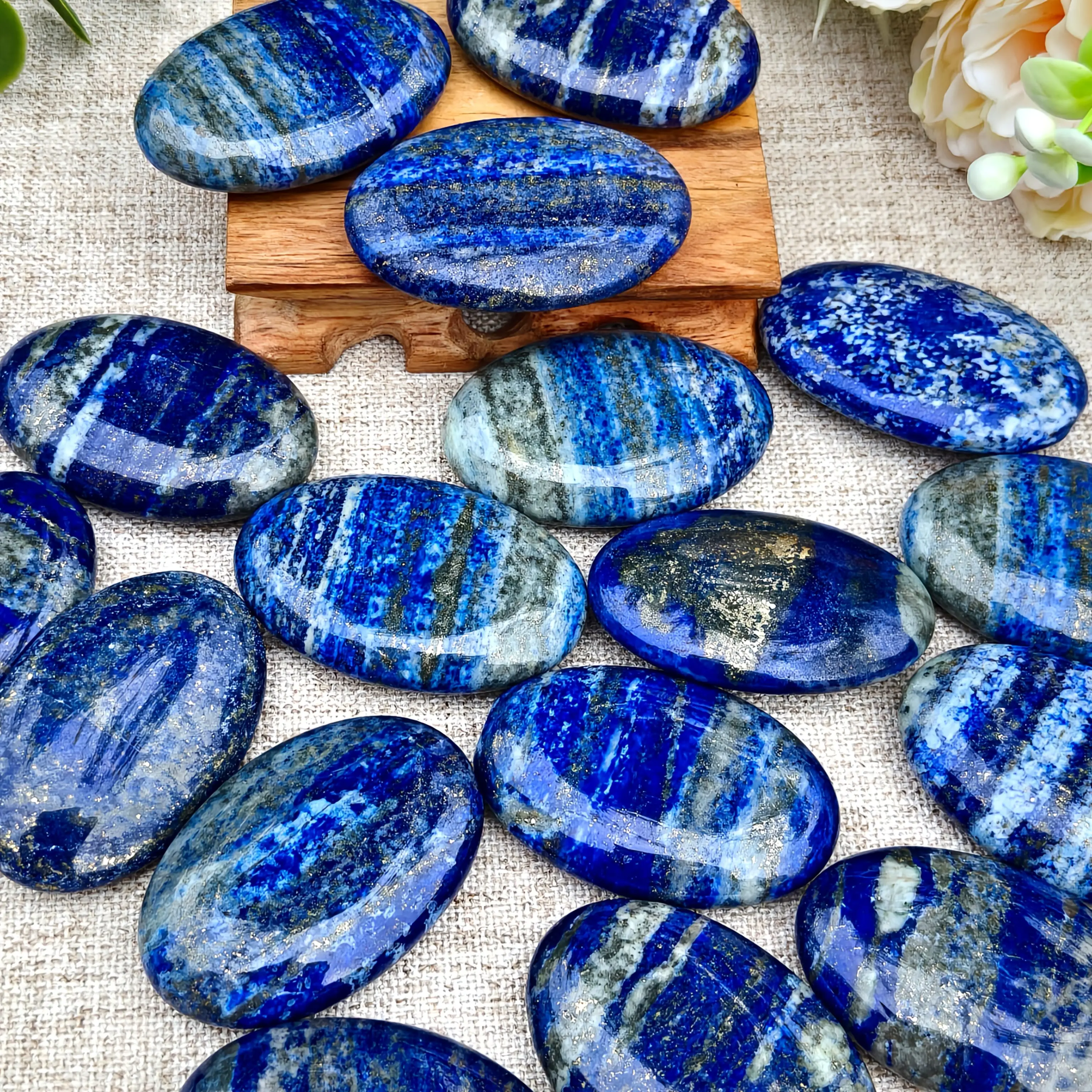 1pc natural lápis-lazúli palma pedra azul profundo & dourado marmorizado boêmio cabochão oval para fazer decoração de casa presente de pedra genuína