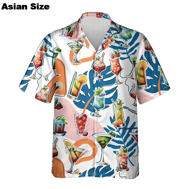 メンズ半袖カクテルシャツ,ラペルブラウス,ユニセックスアロハトップ,ドリンクジュース,ボタン付き衣類,夏服,2020