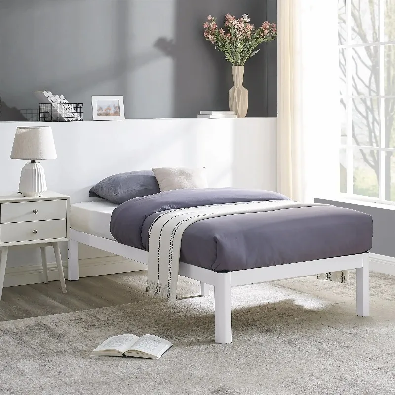 Wood Slat White Metal Platform Bed Frame Twin 75