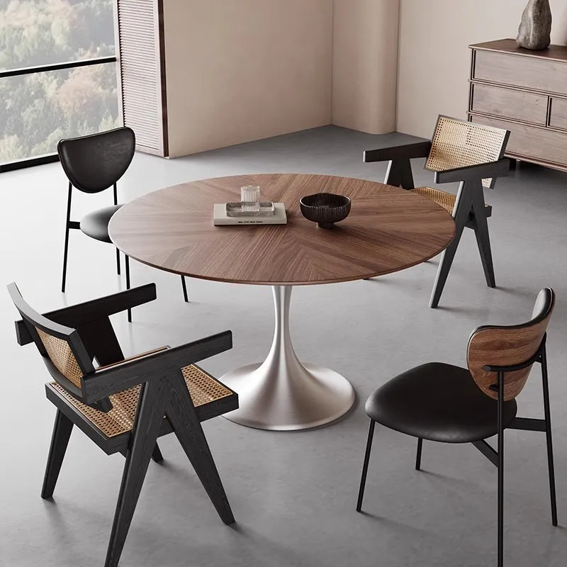 Mesa de jantar redonda de madeira maciça creme novo aço inoxidável francês retro medieval pequeno apartamento doméstico